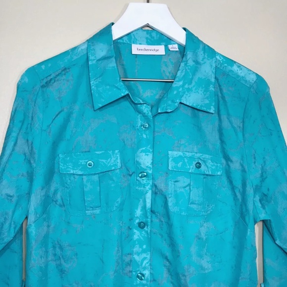 ⚡️SOLD⚡️Breckenridge Blouse Button Down Shirt Top Aqua Teal Cotton 3/4 Sleeve - Picture 3 of 12